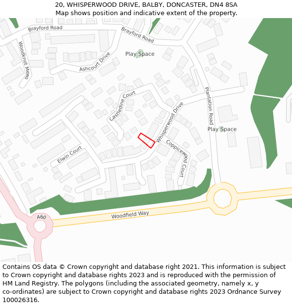 20, WHISPERWOOD DRIVE, BALBY, DONCASTER, DN4 8SA: Location map and indicative extent of plot