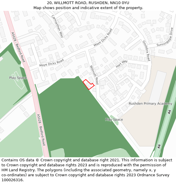 20, WILLMOTT ROAD, RUSHDEN, NN10 0YU: Location map and indicative extent of plot