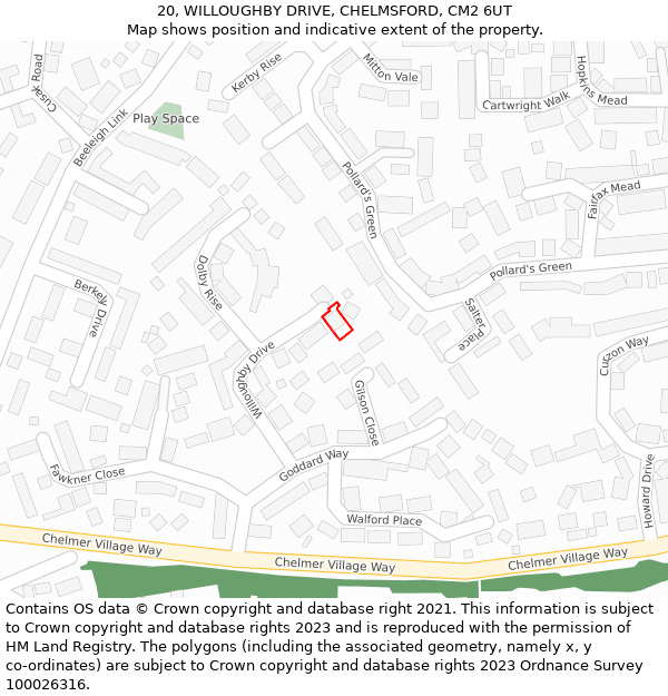 20, WILLOUGHBY DRIVE, CHELMSFORD, CM2 6UT: Location map and indicative extent of plot