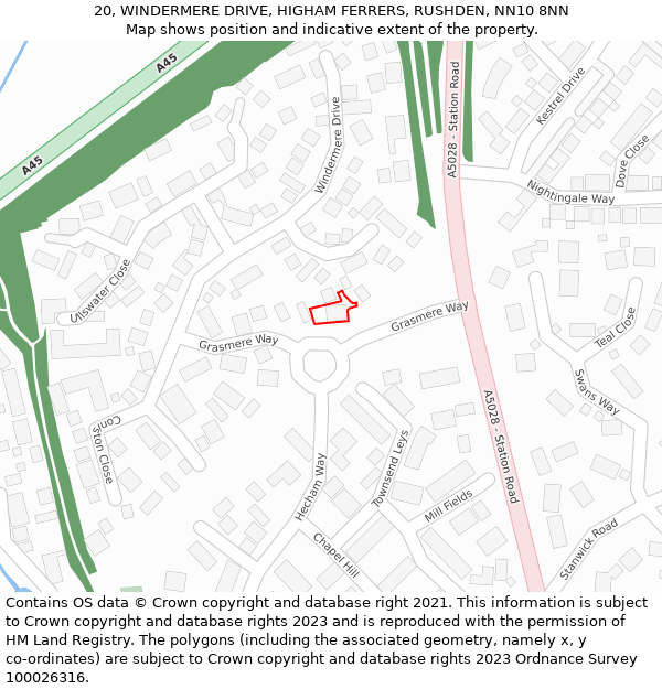 20, WINDERMERE DRIVE, HIGHAM FERRERS, RUSHDEN, NN10 8NN: Location map and indicative extent of plot