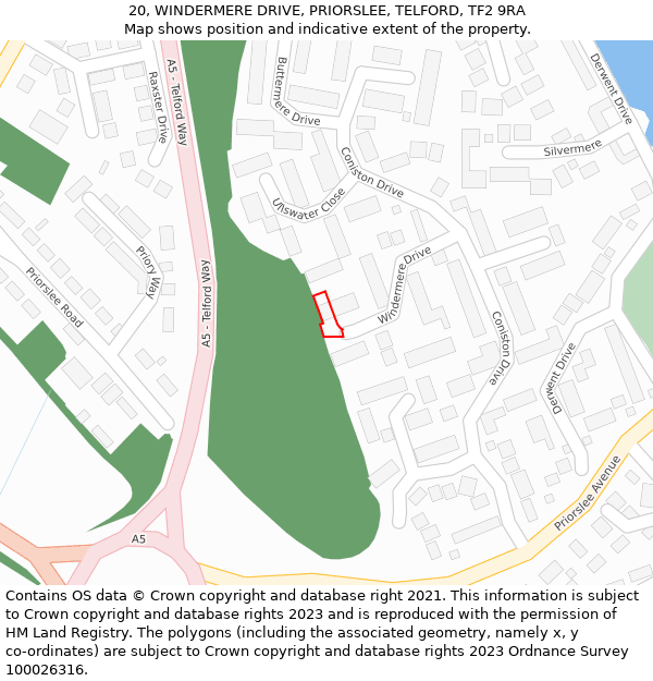 20, WINDERMERE DRIVE, PRIORSLEE, TELFORD, TF2 9RA: Location map and indicative extent of plot