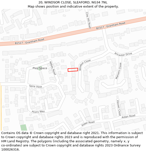 20, WINDSOR CLOSE, SLEAFORD, NG34 7NL: Location map and indicative extent of plot