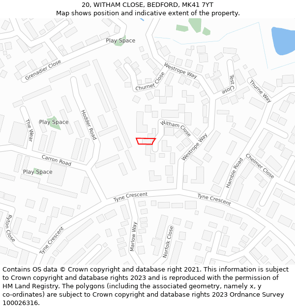 20, WITHAM CLOSE, BEDFORD, MK41 7YT: Location map and indicative extent of plot