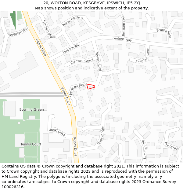 20, WOLTON ROAD, KESGRAVE, IPSWICH, IP5 2YJ: Location map and indicative extent of plot