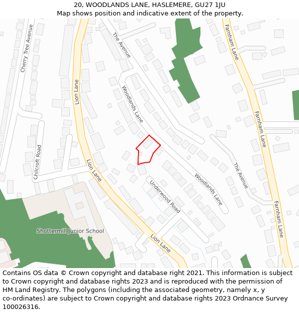 20, WOODLANDS LANE, HASLEMERE, GU27 1JU: Location map and indicative extent of plot