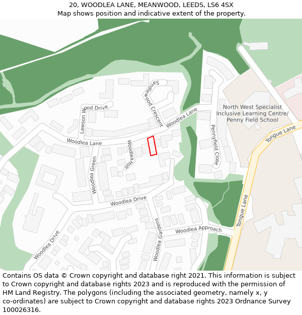 20, WOODLEA LANE, MEANWOOD, LEEDS, LS6 4SX: Location map and indicative extent of plot