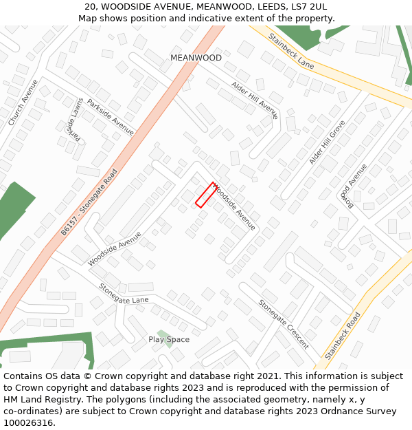 20, WOODSIDE AVENUE, MEANWOOD, LEEDS, LS7 2UL: Location map and indicative extent of plot
