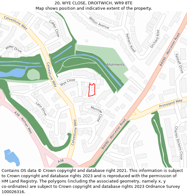 20, WYE CLOSE, DROITWICH, WR9 8TE: Location map and indicative extent of plot