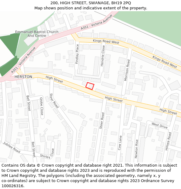 200, HIGH STREET, SWANAGE, BH19 2PQ: Location map and indicative extent of plot