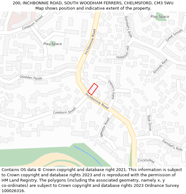 200, INCHBONNIE ROAD, SOUTH WOODHAM FERRERS, CHELMSFORD, CM3 5WU: Location map and indicative extent of plot