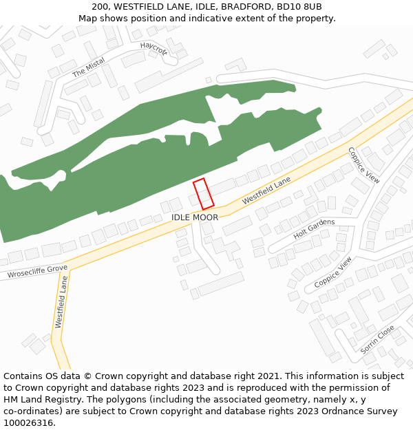 200, WESTFIELD LANE, IDLE, BRADFORD, BD10 8UB: Location map and indicative extent of plot
