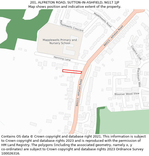 201, ALFRETON ROAD, SUTTON-IN-ASHFIELD, NG17 1JP: Location map and indicative extent of plot
