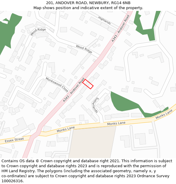 201, ANDOVER ROAD, NEWBURY, RG14 6NB: Location map and indicative extent of plot