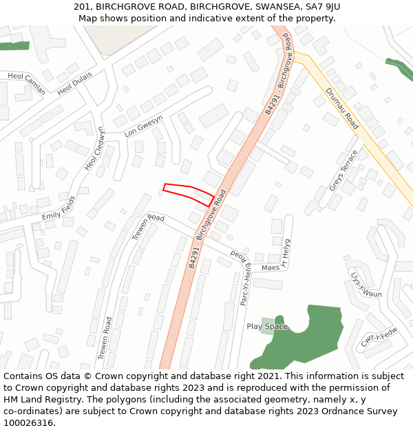 201, BIRCHGROVE ROAD, BIRCHGROVE, SWANSEA, SA7 9JU: Location map and indicative extent of plot