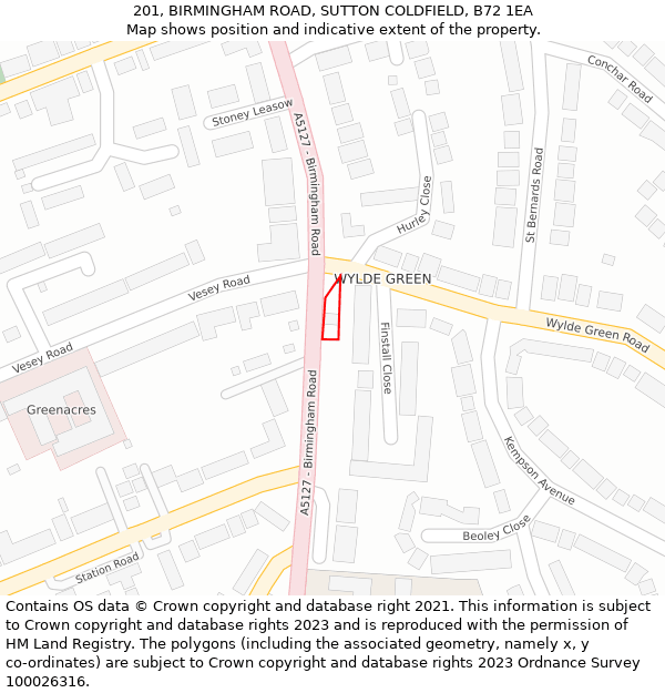 201, BIRMINGHAM ROAD, SUTTON COLDFIELD, B72 1EA: Location map and indicative extent of plot