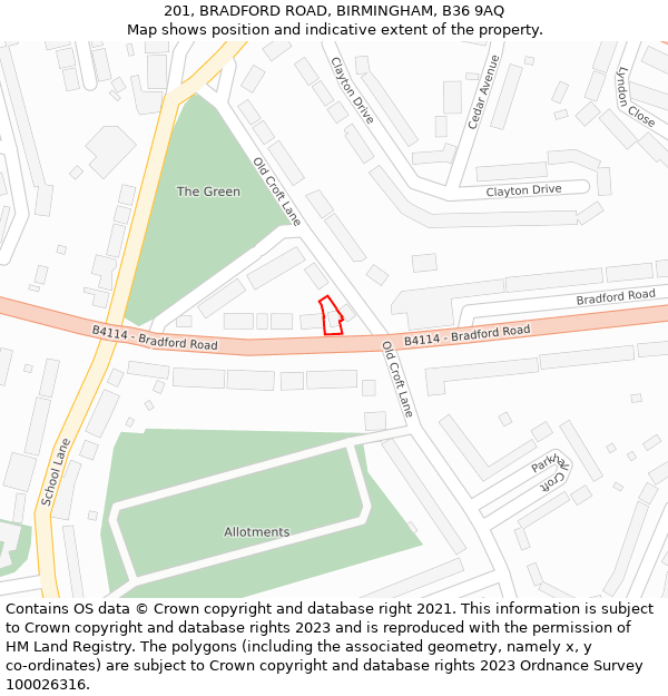 201, BRADFORD ROAD, BIRMINGHAM, B36 9AQ: Location map and indicative extent of plot