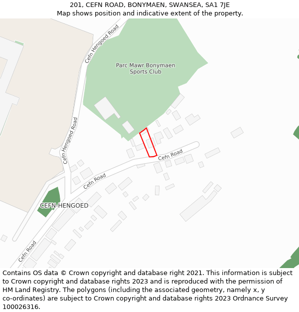 201, CEFN ROAD, BONYMAEN, SWANSEA, SA1 7JE: Location map and indicative extent of plot