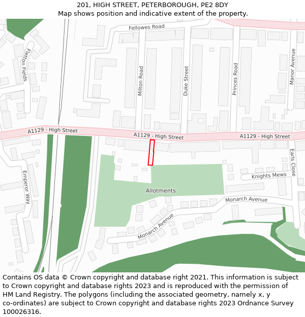 201, HIGH STREET, PETERBOROUGH, PE2 8DY: Location map and indicative extent of plot