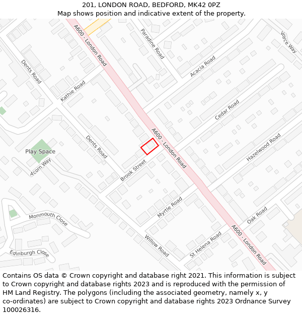 201, LONDON ROAD, BEDFORD, MK42 0PZ: Location map and indicative extent of plot