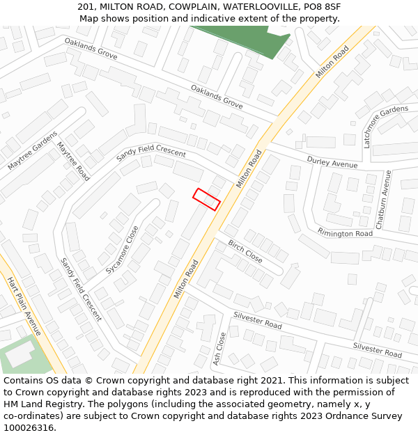 201, MILTON ROAD, COWPLAIN, WATERLOOVILLE, PO8 8SF: Location map and indicative extent of plot