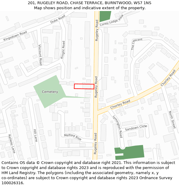 201, RUGELEY ROAD, CHASE TERRACE, BURNTWOOD, WS7 1NS: Location map and indicative extent of plot