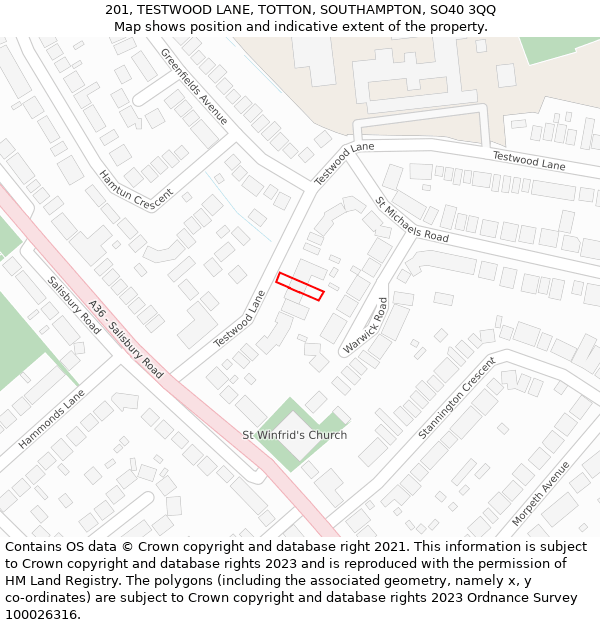 201, TESTWOOD LANE, TOTTON, SOUTHAMPTON, SO40 3QQ: Location map and indicative extent of plot