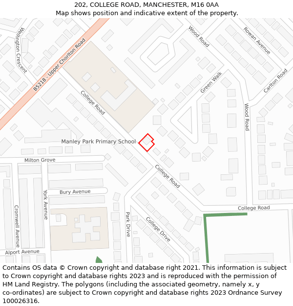 202, COLLEGE ROAD, MANCHESTER, M16 0AA: Location map and indicative extent of plot