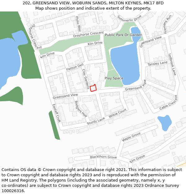 202, GREENSAND VIEW, WOBURN SANDS, MILTON KEYNES, MK17 8FD: Location map and indicative extent of plot