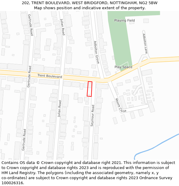 202, TRENT BOULEVARD, WEST BRIDGFORD, NOTTINGHAM, NG2 5BW: Location map and indicative extent of plot