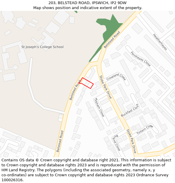 203, BELSTEAD ROAD, IPSWICH, IP2 9DW: Location map and indicative extent of plot