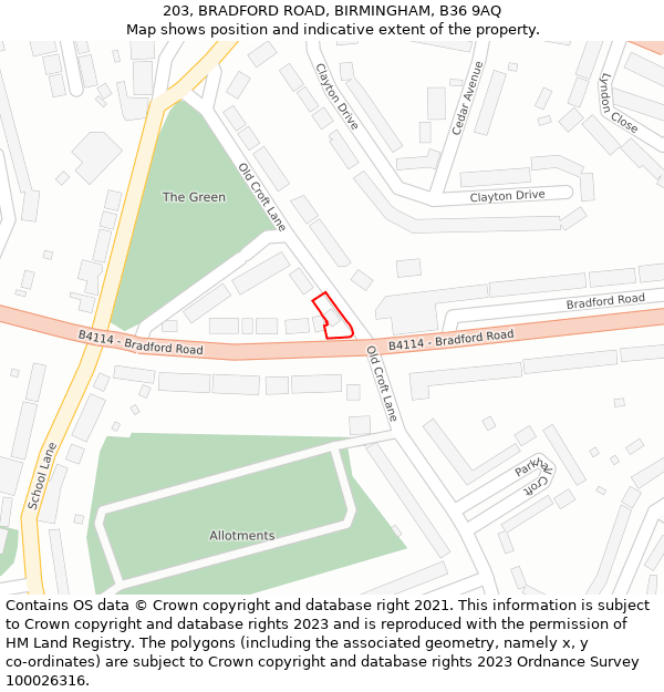 203, BRADFORD ROAD, BIRMINGHAM, B36 9AQ: Location map and indicative extent of plot