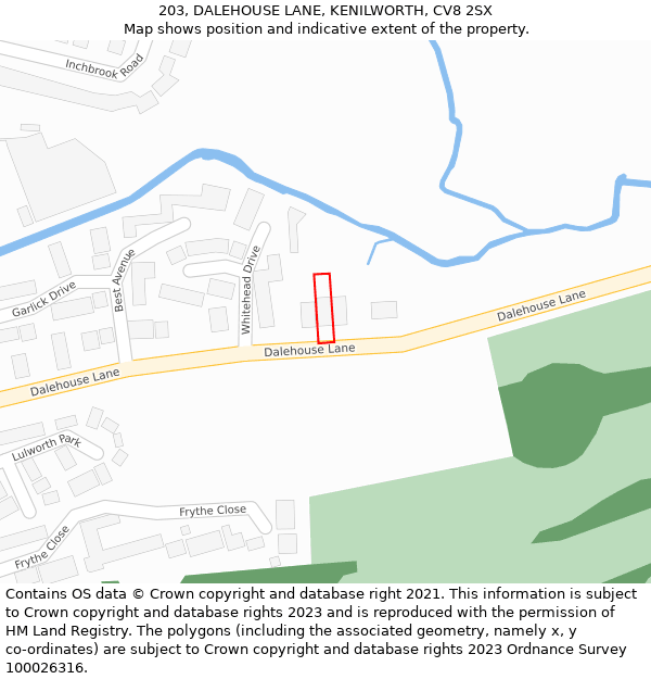 203, DALEHOUSE LANE, KENILWORTH, CV8 2SX: Location map and indicative extent of plot
