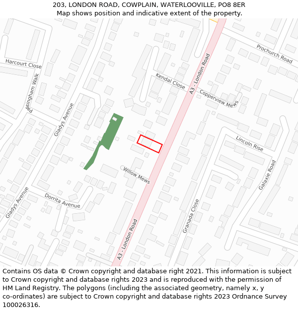 203, LONDON ROAD, COWPLAIN, WATERLOOVILLE, PO8 8ER: Location map and indicative extent of plot