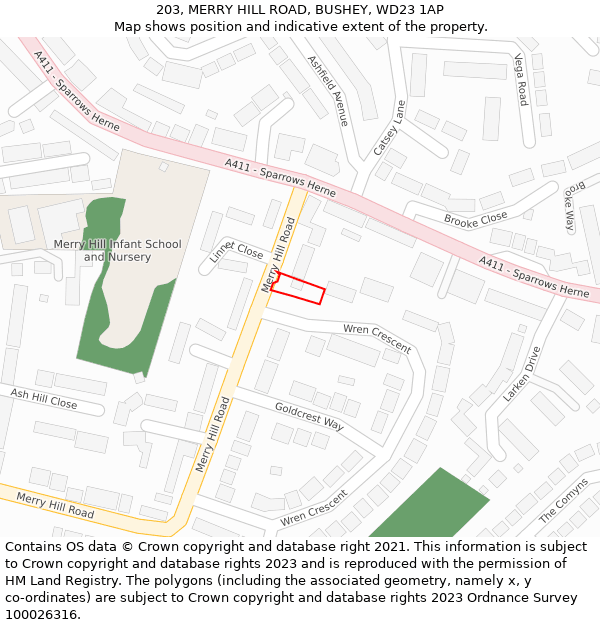 203, MERRY HILL ROAD, BUSHEY, WD23 1AP: Location map and indicative extent of plot
