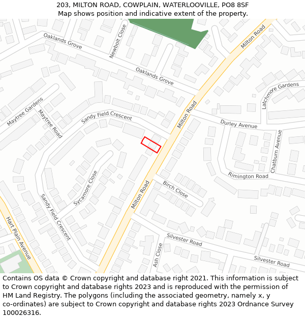 203, MILTON ROAD, COWPLAIN, WATERLOOVILLE, PO8 8SF: Location map and indicative extent of plot