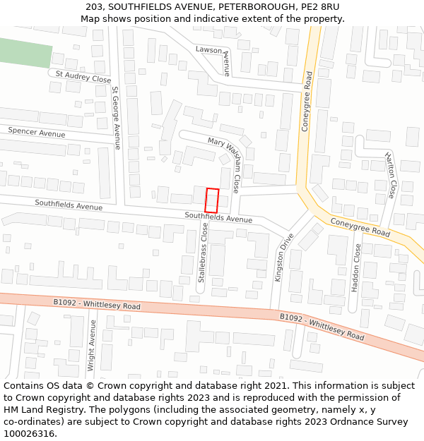 203, SOUTHFIELDS AVENUE, PETERBOROUGH, PE2 8RU: Location map and indicative extent of plot