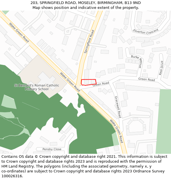 203, SPRINGFIELD ROAD, MOSELEY, BIRMINGHAM, B13 9ND: Location map and indicative extent of plot