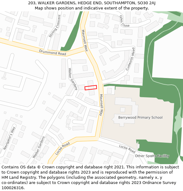 203, WALKER GARDENS, HEDGE END, SOUTHAMPTON, SO30 2AJ: Location map and indicative extent of plot