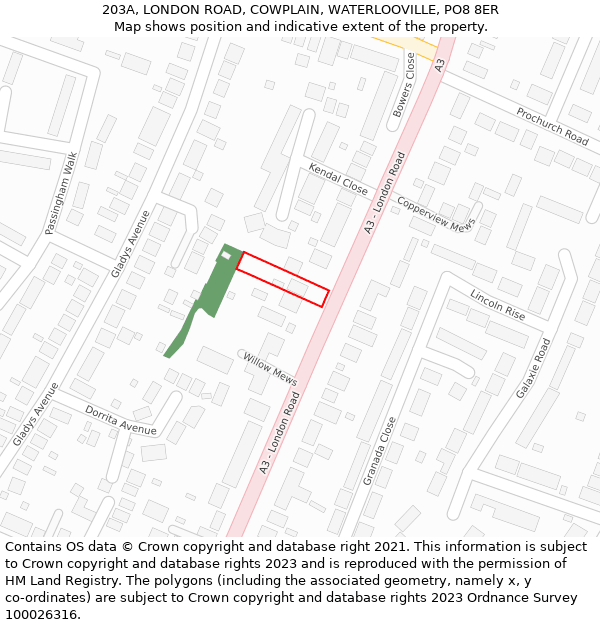 203A, LONDON ROAD, COWPLAIN, WATERLOOVILLE, PO8 8ER: Location map and indicative extent of plot
