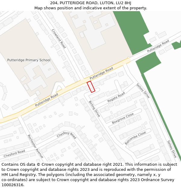 204, PUTTERIDGE ROAD, LUTON, LU2 8HJ: Location map and indicative extent of plot