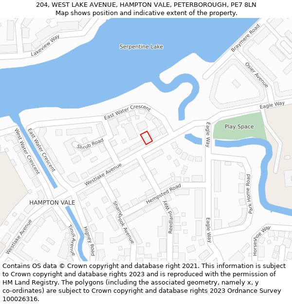 204, WEST LAKE AVENUE, HAMPTON VALE, PETERBOROUGH, PE7 8LN: Location map and indicative extent of plot
