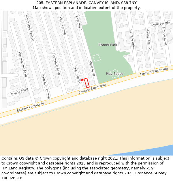 205, EASTERN ESPLANADE, CANVEY ISLAND, SS8 7NY: Location map and indicative extent of plot