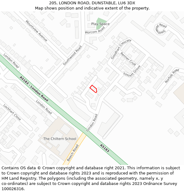 205, LONDON ROAD, DUNSTABLE, LU6 3DX: Location map and indicative extent of plot
