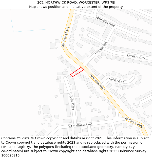 205, NORTHWICK ROAD, WORCESTER, WR3 7EJ: Location map and indicative extent of plot
