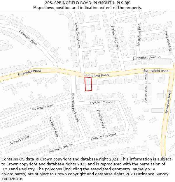 205, SPRINGFIELD ROAD, PLYMOUTH, PL9 8JS: Location map and indicative extent of plot