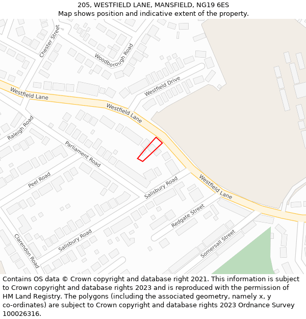 205, WESTFIELD LANE, MANSFIELD, NG19 6ES: Location map and indicative extent of plot