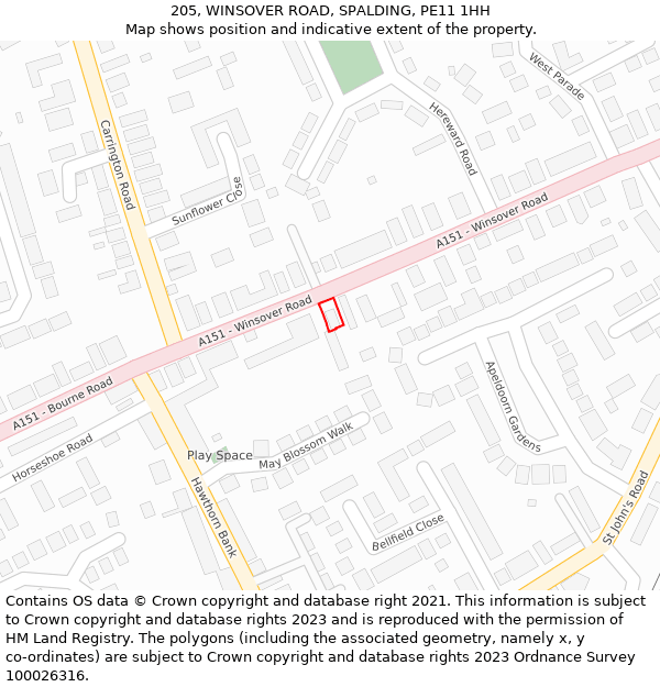 205, WINSOVER ROAD, SPALDING, PE11 1HH: Location map and indicative extent of plot