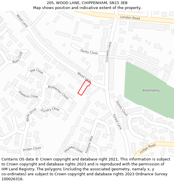 205, WOOD LANE, CHIPPENHAM, SN15 3EB: Location map and indicative extent of plot