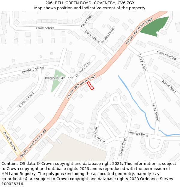 206, BELL GREEN ROAD, COVENTRY, CV6 7GX: Location map and indicative extent of plot