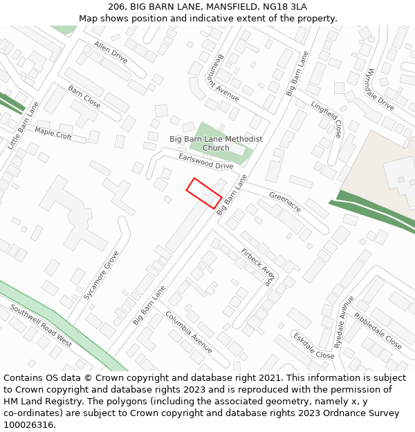 206, BIG BARN LANE, MANSFIELD, NG18 3LA: Location map and indicative extent of plot